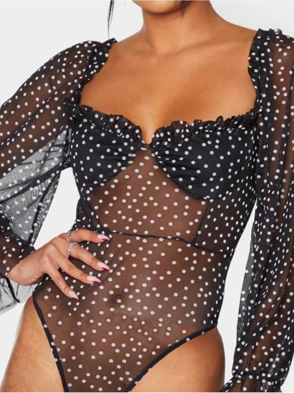 PRETTYLITTLETHING Black Sheer Polka Dot Long Sleeve Bodysuit